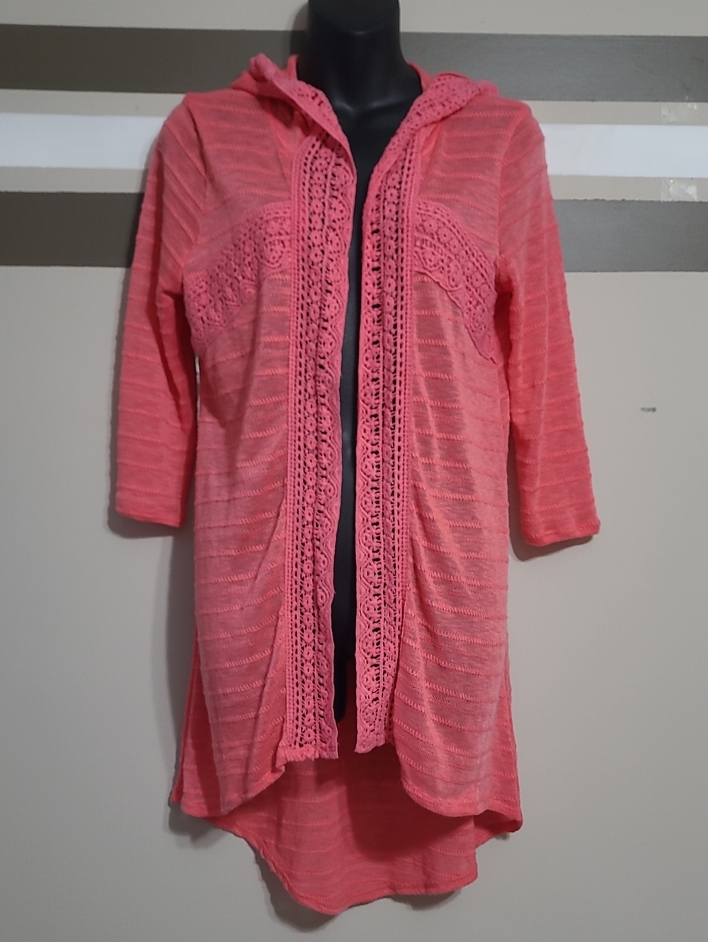 ⭐️Maurices Pink Crochet Trim Hooded Open Front Cardigan Sz Med